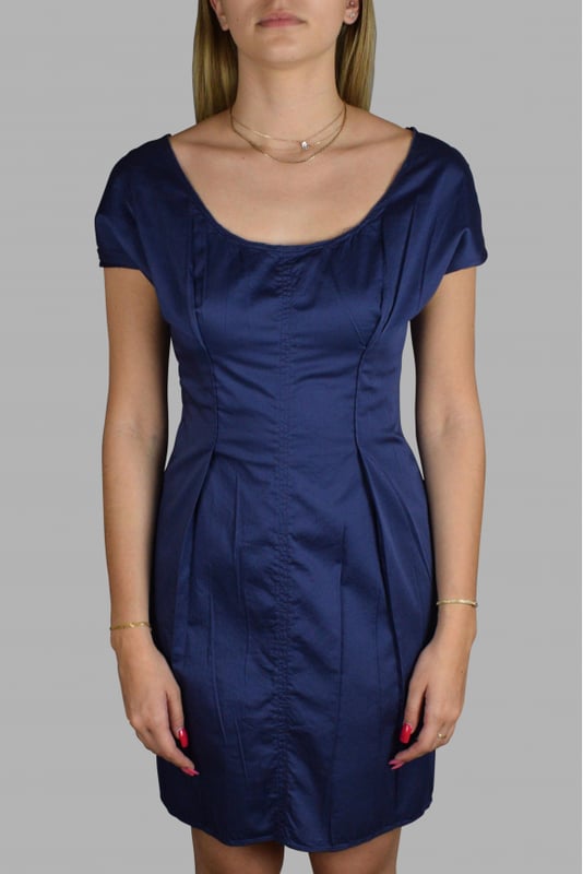 Vestido de algodón azul Prada.Cremallera dorada en la espalda.Detalles de costura.Made in Italy.