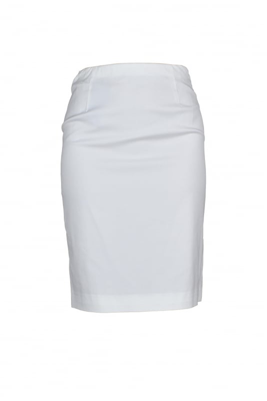 Falda Prada en algodón blanco.Cierre con cremallera en el lateral.Abertura en la espalda.78% algodón, 19% poliamida, 3% elastano.