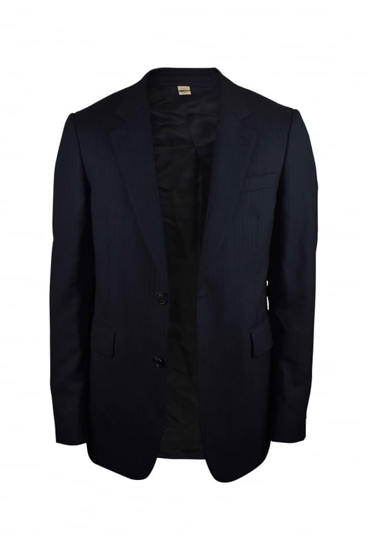 Chaqueta de traje Burberry azul marino a rayas.De lana y viscosa.Bolsillos laterales con solapa.Bolsillo en el pecho.Cierre con un botón.Made in Italy.