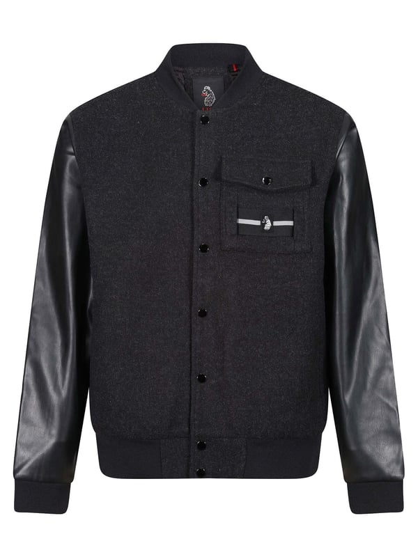 This premium varsity jacket from LUKE MAINLINE is your winter wardrobe staple. Constructed from our luxury Meltech fabrication, it is fully lined, and features contrast recycled PU sleeves. It is styled with shiny pewter snap buttons, soft rib trims throughout and a left chest pocket. This piece features a removable striped tape and is complete with the brands iconic raised metal felt badge.