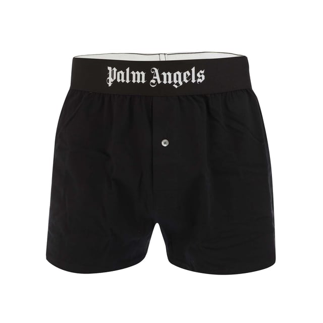 Mens Palm Angels Long Boxers in black-white.- Branded elasticated waistband.- Front button closure.- 94% Cotton  6% Elastane.- Ref: PMUH0050011001We regret that underwear is non-returnable due to hygiene reasons.