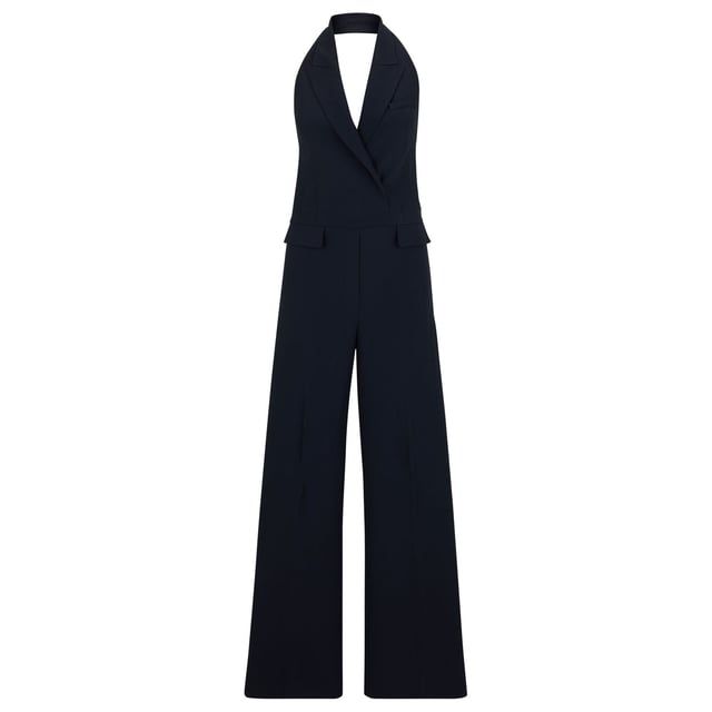 Womens BOSS Dacom Halterneck jumpsuit with peak lapels in dark blue.An elegant occasion-ready jumpsuit with a halter neckline by BOSS Womenswear  featuring peak lapels and an adjustable rear strap.- Main material: 72% Acetate  28% Viscose  pocketing: 100% Cotton.  Dry clean.- Ref: 50513644-404