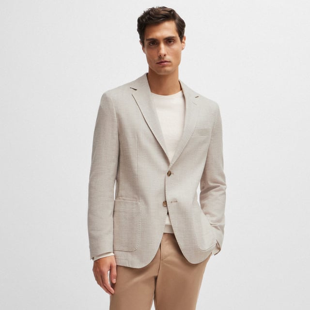 Mens BOSS C-Jaye Regular-fit Jacket in a herringbone stretch-cotton blendA regular-fit jacket by BOSS Menswear. Crafted in a herringbone cotton blend with linen and stretch  it features softly constructed shoulders and elbow patches.- Regular fit- Notch lapels- 2 button closure- Welt chest pockets- Patch pockets- Kissing buttons on the cuff- Side vent- Partially lined- Main material: 66% Cotton  20% Viscose  12% Linen  2% Elastane.  Lining: 65% Polyester  35% Cotton.  Sleeve: 100% Polyester.  Sleeve lining: 100% Polyester.  Pocketing: 100% Cotton.  Dry clean.- Ref: 50521495-270