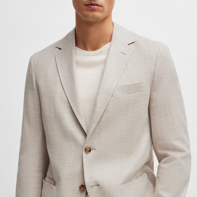 Mens BOSS C-Jaye Regular-fit Jacket in a herringbone stretch-cotton blendA regular-fit jacket by BOSS Menswear. Crafted in a herringbone cotton blend with linen and stretch  it features softly constructed shoulders and elbow patches.- Regular fit- Notch lapels- 2 button closure- Welt chest pockets- Patch pockets- Kissing buttons on the cuff- Side vent- Partially lined- Main material: 66% Cotton  20% Viscose  12% Linen  2% Elastane.  Lining: 65% Polyester  35% Cotton.  Sleeve: 100% Polyester.  Sleeve lining: 100% Polyester.  Pocketing: 100% Cotton.  Dry clean.- Ref: 50521495-270