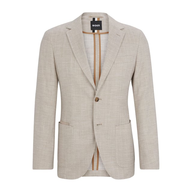 Mens BOSS C-Jaye Regular-fit Jacket in a herringbone stretch-cotton blendA regular-fit jacket by BOSS Menswear. Crafted in a herringbone cotton blend with linen and stretch  it features softly constructed shoulders and elbow patches.- Regular fit- Notch lapels- 2 button closure- Welt chest pockets- Patch pockets- Kissing buttons on the cuff- Side vent- Partially lined- Main material: 66% Cotton  20% Viscose  12% Linen  2% Elastane.  Lining: 65% Polyester  35% Cotton.  Sleeve: 100% Polyester.  Sleeve lining: 100% Polyester.  Pocketing: 100% Cotton.  Dry clean.- Ref: 50521495-270