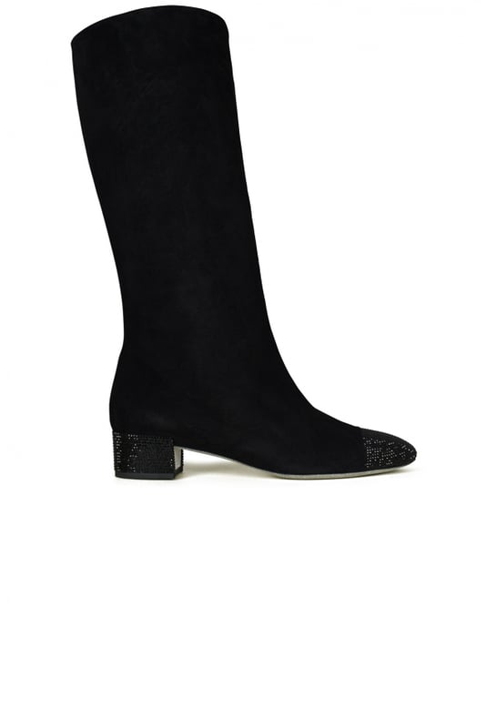 Botas René Caovilla en ante negro.Tacón brillante con una altura de 4 cm.Puntera y suela brillantes.Made in Italy.