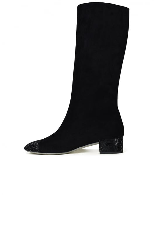 Botas René Caovilla en ante negro.Tacón brillante con una altura de 4 cm.Puntera y suela brillantes.Made in Italy.