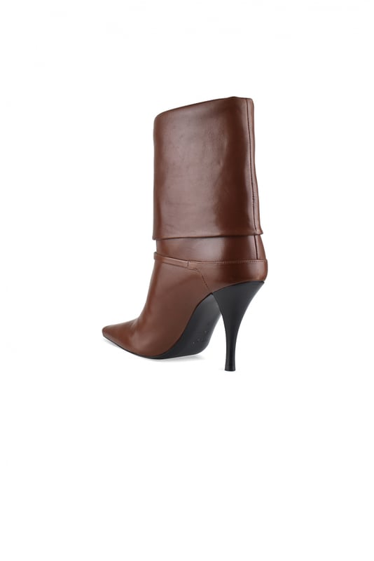 Botines Niki Saint Laurent de piel lisa marrón.Parte superior doblada.Correa con logotipo de metal dorado en el exterior.Tacón de aguja de 9 cm.Puntera en punta.100% piel de cordero.Made in Italy.