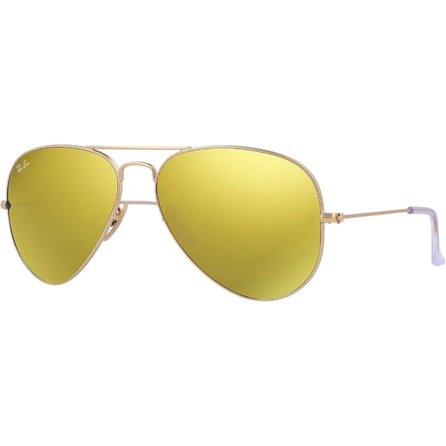 Brandneue goldene Ray-Ban-Sonnenbrille, Brillenglasbreite = 58 mm, Nasenstegbreite = 14 mm, Bügellänge = 135 mm, Sonnenbrille, Sonnenbrillenetui, Reinigungstuch und Pflegehinweise im Lieferumfang enthalten, 100 % Schutz vor UVA- und UVB-Sonnenlicht und entspricht der britischen Norm EN 1836:2005, goldene Sonnenbrille, 100 % Metall