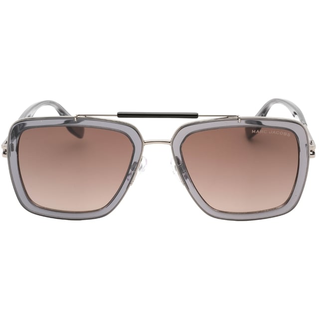 Marc Jacobs grijze zonnebril, lensbreedte = 55 mm, neusbrugbreedte = 20 mm, armlengte = 145 mm, zonnebril, zonnebrillendoos, schoonmaakdoekje en onderhoudsinstructies allemaal inbegrepen, 100% bescherming tegen UVA- en UVB-zonlicht en conform de Britse norm EN 1836:2005, bruine SF-lenszonnebril, 100% metaal