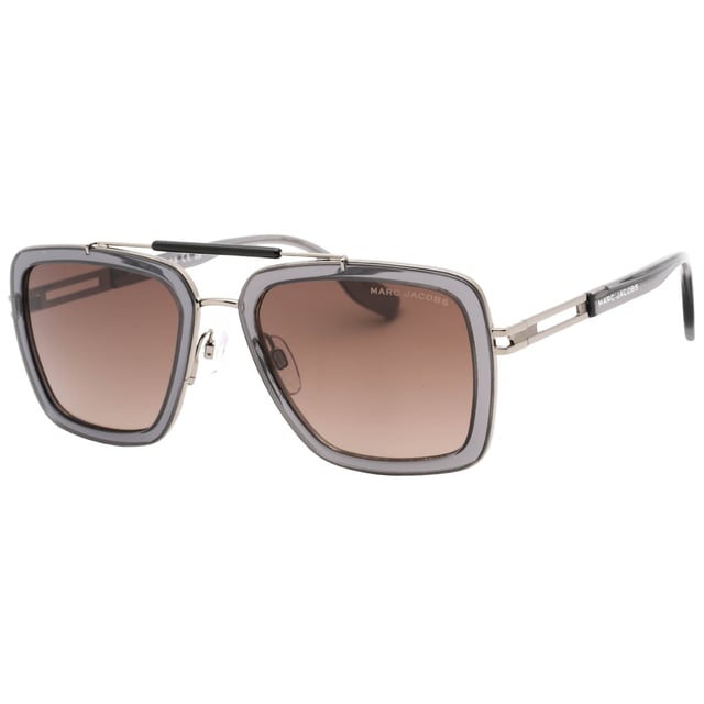 Marc Jacobs grijze zonnebril, lensbreedte = 55 mm, neusbrugbreedte = 20 mm, armlengte = 145 mm, zonnebril, zonnebrillendoos, schoonmaakdoekje en onderhoudsinstructies allemaal inbegrepen, 100% bescherming tegen UVA- en UVB-zonlicht en conform de Britse norm EN 1836:2005, bruine SF-lenszonnebril, 100% metaal