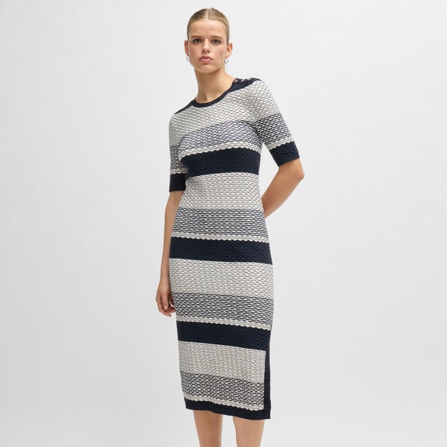 Womens BOSS Etanah Structured Stripe DressA distinctive dress by BOSS Womenswear with cropped sleeves. Trimmed with buttons at the left shoulder  this dress is knitted in jacquard jersey made from soft cotton blended with a touch of stretch. The fabric features a structured stripe in signature colours for an iconic look.Main material: 98% Cotton  2% Elastane  Ribbing: 90% Viscose  10% Elastane.  Machine washable.Ref: 50494185-992