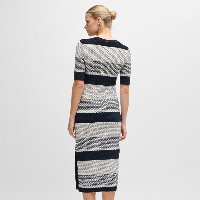 Womens BOSS Etanah Structured Stripe DressA distinctive dress by BOSS Womenswear with cropped sleeves. Trimmed with buttons at the left shoulder  this dress is knitted in jacquard jersey made from soft cotton blended with a touch of stretch. The fabric features a structured stripe in signature colours for an iconic look.Main material: 98% Cotton  2% Elastane  Ribbing: 90% Viscose  10% Elastane.  Machine washable.Ref: 50494185-992