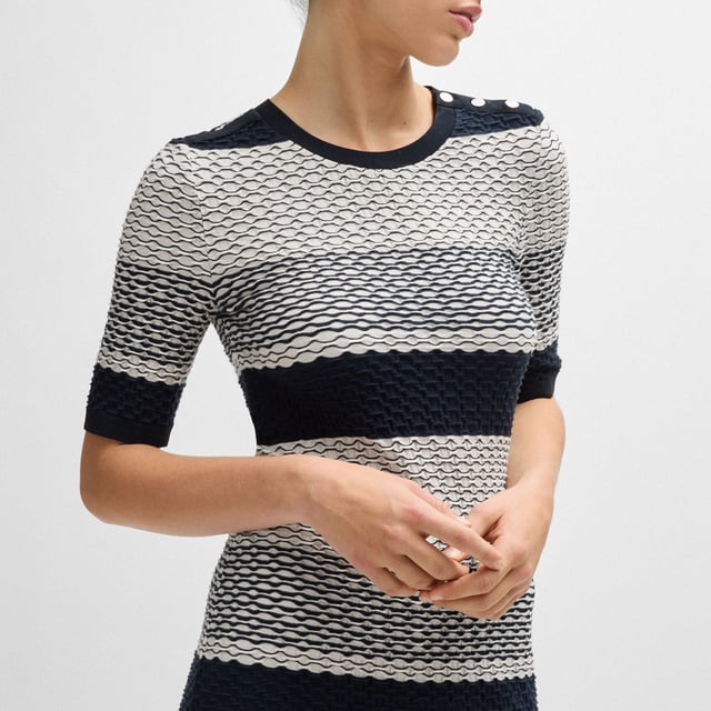 Womens BOSS Etanah Structured Stripe DressA distinctive dress by BOSS Womenswear with cropped sleeves. Trimmed with buttons at the left shoulder  this dress is knitted in jacquard jersey made from soft cotton blended with a touch of stretch. The fabric features a structured stripe in signature colours for an iconic look.Main material: 98% Cotton  2% Elastane  Ribbing: 90% Viscose  10% Elastane.  Machine washable.Ref: 50494185-992