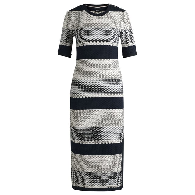 Womens BOSS Etanah Structured Stripe DressA distinctive dress by BOSS Womenswear with cropped sleeves. Trimmed with buttons at the left shoulder  this dress is knitted in jacquard jersey made from soft cotton blended with a touch of stretch. The fabric features a structured stripe in signature colours for an iconic look.Main material: 98% Cotton  2% Elastane  Ribbing: 90% Viscose  10% Elastane.  Machine washable.Ref: 50494185-992