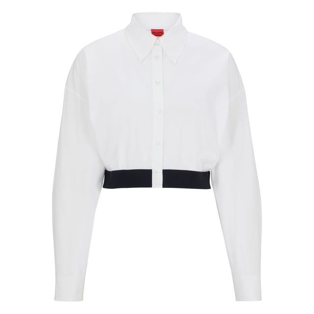 Womens HUGO Evesia Relaxed-fit blouse with contrast branded waistband in white.A voluminous blouse in a modern cropped length by HUGO. Crafted in soft poplin  this piece has a stacked logo on the contrasting elasticated waistband. This product is partly made with organic cotton.- Relaxed fit- Point collar- Long sleeves- Button cuffs- Short length- Back pleat detail to add volume- Contrast elastic waistband with tonal stacked logo- Main material: 100% Cotton.  Machine washable.- Ref: 50518040-100