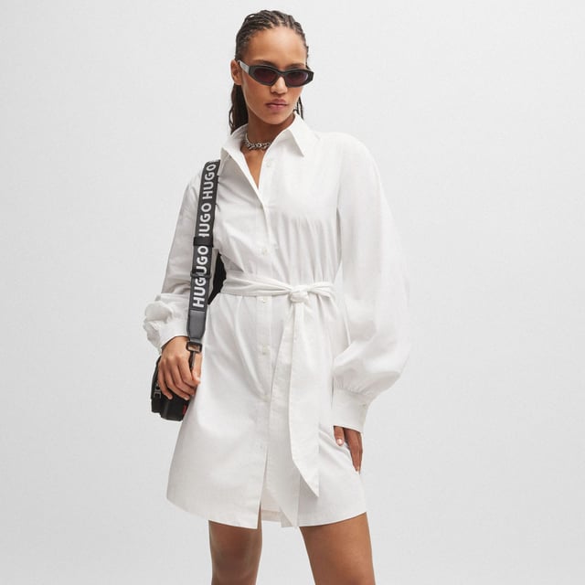 Womens HUGO Kaisanna Relaxed Fit Shirt Dress in cotton twillA relaxed-fit shirt dress with a tie belt by HUGO Womenswear  crafted in soft cotton twill with side slits and voluminous sleeves- Long sleeves- Point collar- Button closure- Relaxed fit- Ref: 50513191-100