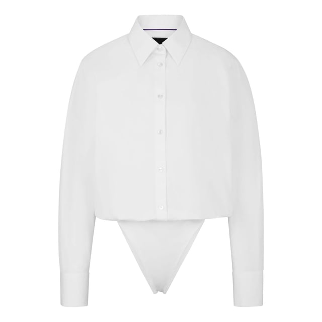 Womens NAOMI x BOSS Cotton Bodysuit in white.An effortless bodysuit with blouse styling by BOSS Womenswear  crafted in cotton and topped with a point collar. Specially designed with a wrinkle-free  bacteria-resistant finish. Part of an exclusive capsule  co-created with Naomi Campbell  designed with elegance  confidence  and on-the-go ease in mind. - Point collar- Long sleeves- Button cuffs- Main material: 100% Cotton.  Lower part: 91% Polyamide  9% Elastane.  Hand wash - Dry clean.- Ref: 50515405-100