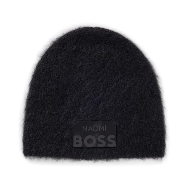 Womens NAOMI x BOSS Beanie Hat in an alpaca blend in black.A beanie hat with tonal collaborative branding by NAOMI x BOSS. This accessory is crafted in a soft and fluffy alpaca blend.  Part of an exclusive capsule  co-created with Naomi Campbell  designed with elegance  confidence  and on-the-go ease in mind.Main material: 55% Alpaca  43% Polyamide  2% Elastane.  Hand wash.Ref: 50526668-007