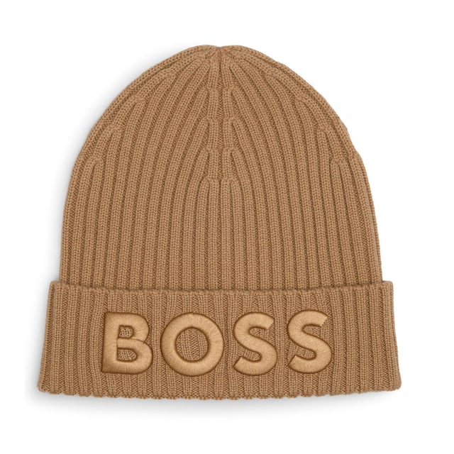 Womens BOSS Lara Virgin-wool beanie hat with embroidered logo in beigeA signature beanie hat with a tonal embroidered logo by BOSS. This soft and breathable accessory is knitted with a ribbed structure. This product is made with responsibly sourced wool.- Central tonal BOSS embroidery on turn up- Chunky rib knit- 100% Virgin wool.  Hand wash- Ref: 50497815-260