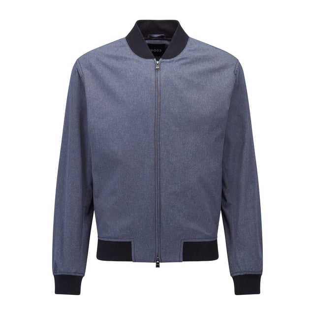 Men's Boss P-Hanry Bomber Jacket. BI-Stretch Performance bomber jacket. This model is made of high-quality stretch mesh fabric for optimal freedom of movement. The jacket is equipped with a mao collar and elastic knitted cuffs. Create a variety of looks with this modern model.- Knit cuffs and collar.- Front closure with zipper.- Performance attributes lined with meshlining.- Performance contrast details. Material: 100% Polyester. Ref: 50468913494.