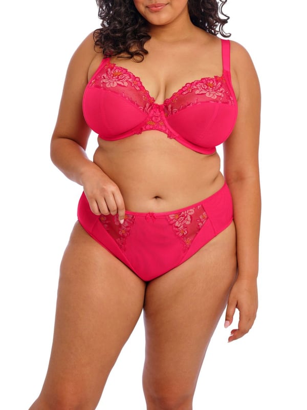 Elomi Teagan Plunge Bra. Underwired non padded plunge bra based on the beloved Matilda Plunge Bra with a low centre front, precision printed embroidery and smooth satin-look elastics. Product is recommended as hand wash only.