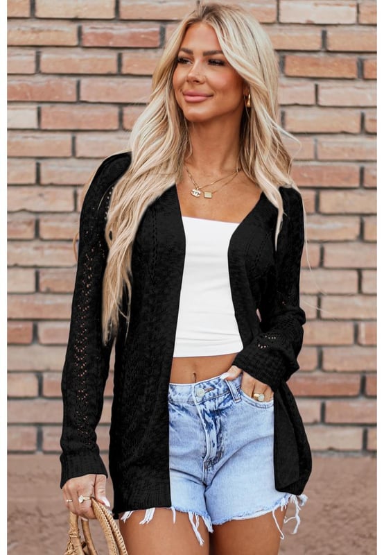 Our styles are designed with a trendy fitted look in mind following an international size standard. For the best fit we suggest choosing one size up from your usual. Be sure to check our sizing chart to find your perfect match!
  Black Solid Open Knit Cardigan
  Open front for easy dressing
  Hollow
  out silhouette for a sexy sheer look
  Soft and breathable knitwear fabric
  Available in sizes S M L and XL
Material: 100% Acrylic