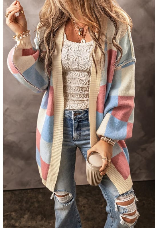 Light Blue Checkered Drop Shoulder Exposed Seam Open Front Cardigan