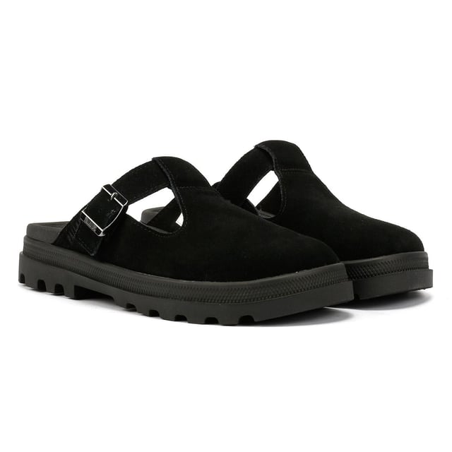 Palladium Dunelite Pyla Suede Black Mules Suede mule sandals featuring a soft suede upper and comfortable microfiber lining. Designed with an adjustable buckle closure and added elastic for a secure fit. The molded footbed ensures all-day comfort, while the lightweight DuneLite outsole provides durable support.