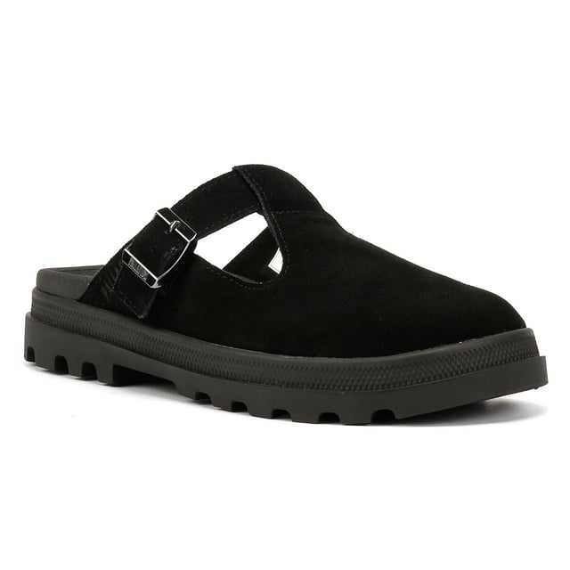 Palladium Dunelite Pyla Suede Black Mules Suede mule sandals featuring a soft suede upper and comfortable microfiber lining. Designed with an adjustable buckle closure and added elastic for a secure fit. The molded footbed ensures all-day comfort, while the lightweight DuneLite outsole provides durable support.