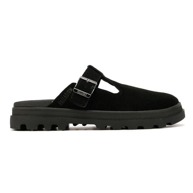 Palladium Dunelite Pyla Suede Black Mules Suede mule sandals featuring a soft suede upper and comfortable microfiber lining. Designed with an adjustable buckle closure and added elastic for a secure fit. The molded footbed ensures all-day comfort, while the lightweight DuneLite outsole provides durable support.