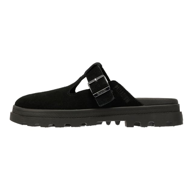 Palladium Dunelite Pyla Suede Black Mules Suede mule sandals featuring a soft suede upper and comfortable microfiber lining. Designed with an adjustable buckle closure and added elastic for a secure fit. The molded footbed ensures all-day comfort, while the lightweight DuneLite outsole provides durable support.