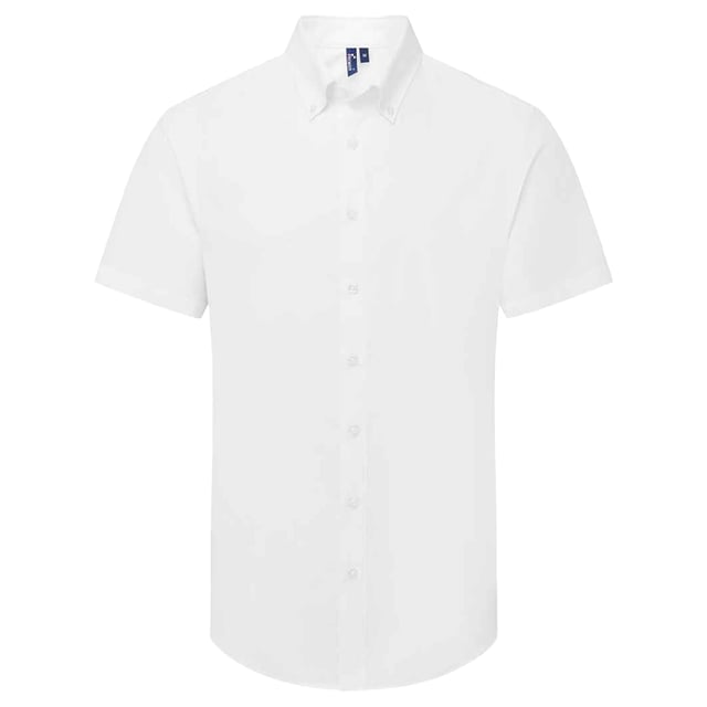72% Mercerised Cotton, 25% Organic Cotton, 3% Elastane. Fabric: Oxford Cloth, Soft Touch. Design: Plain. Fastening: Button. Neckline: Button-Down. Hem: Curved. Sleeve-Type: Short-Sleeved. Fabric Technology: Stretch. Back Yoke, Pleated Back. 135gsm. Sustainability: Amfori, BSCI, Organic Cotton, Sedex, WRAP Certified.