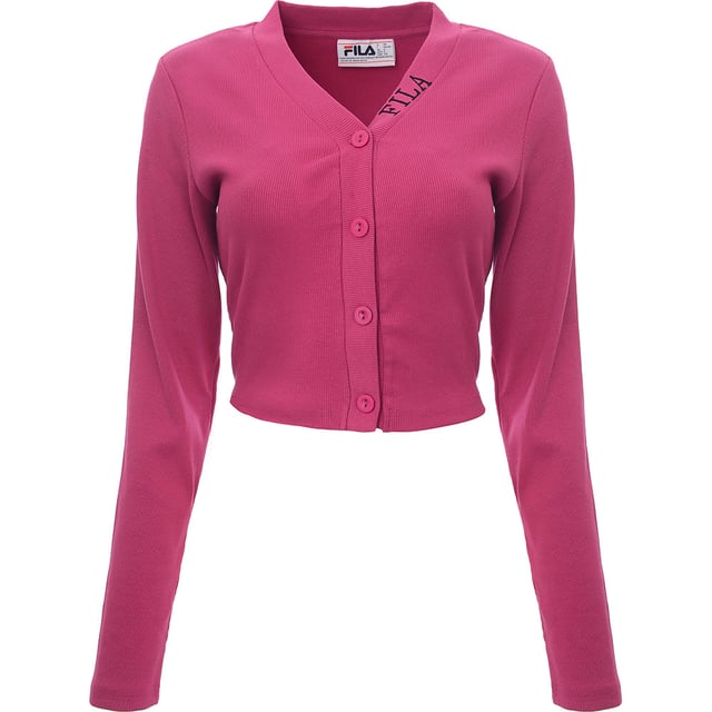 Main: 95% Cotton, Main: 5% Elastane. Bring some sweetness to your wardrobe with the Fila ribbed cardigan co-ord in pink! This cozy set, made from a cotton blend, is comfy with a hint of sporty flair. Perfect for lounging or running errands in style.