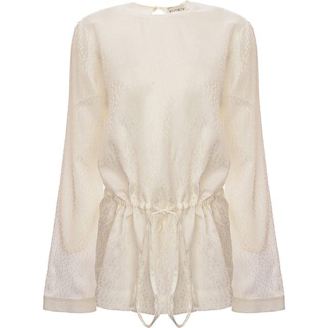 73% viscose, 27% silk - Lining: 100% silk. Introducing the Drawstring-waist Jacquard Top by Raey. This expertly crafted top features a convenient drawstring waist, allowing for a customizable and comfortable fit. Made with high-quality jacquard fabric, it offers both style and functionality