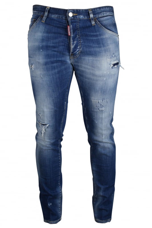Cool Guy Jean Dsquared2 azul con efecto desgastado.Cinco bolsillos.Efecto rasgado.Logotipo y escritura en la parte trasera sobre un parche rojo.Cierre con botones.Efecto de desgaste.98% Algodón, 2% Elastano.Made in Italy.
