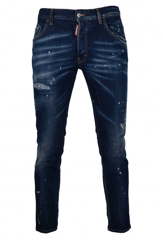 Skater Jeans Dsquared2 blau aus Baumwolle.Verwaschener Effekt an den Beinen.Weiße Farbflecken.Risse in der Haut.Knopfverschluss mit rotem Logoetikett.Schwarzer vertikaler Rückenpatch mit schwarzem Logo.Schlaufen für einen Gürtel.5 Taschen.Made in Italy.