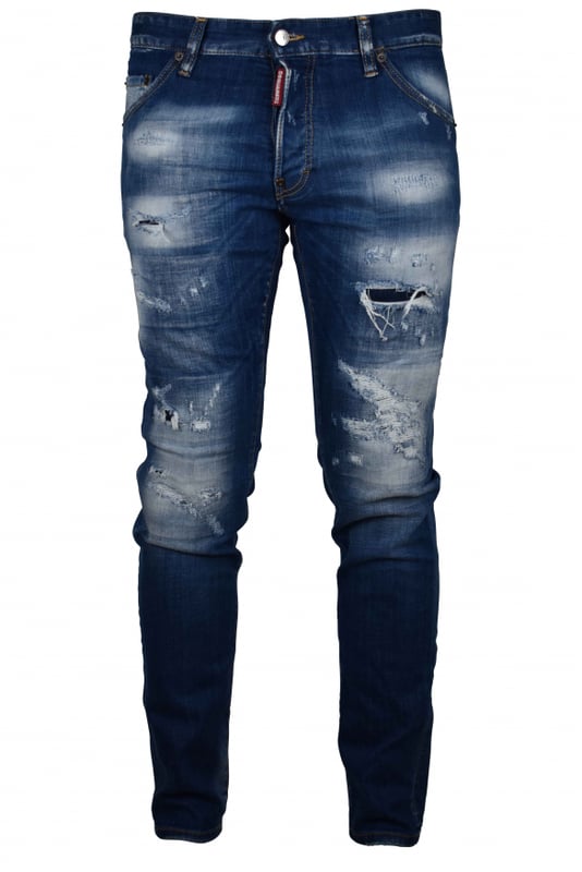 Vaqueros Dsquared2 Cool Guy de algodón azul.Efecto desteñido.Rasgaduras.Etiqueta roja del logotipo en la bragueta.Parche trasero beige.Cierre con botones.Trabillas.Cinco bolsillos, 2 de ellos traseros.Corte entallado.