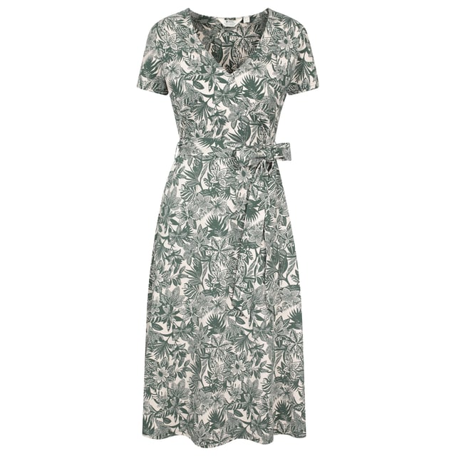 95% Cotton, 5% Elastane. Fabric: Jersey, Stretch. Design: Floral, Leaves. Fabric Technology: Lightweight. Fastening: Belly Wrap. Belt Loops, Tie Belt, UV Protection, Wrap. Neckline: Deep V, Wrap. Sleeve-Type: Short-Sleeved. Length: Midi. Sun Rating: UPF 50+. 6 UK: 33 in. 8 UK: 34 in. 10 UK: 35 in. 12 UK: 37 in. 14 UK: 39 in. 20 UK: 47 in. 22 UK: 50 in. 24 UK: 52 in. 18 UK: 44 in. 16 UK: 41 in.