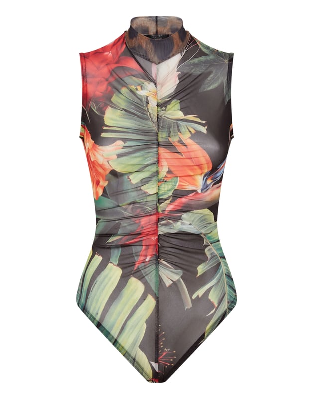 Ayuda a la Primavera a florecer con este body sin mangas de viscosa elástica con estampado floral. Inserciones moteadas en el escote para añadir un toque de singularidad. Cierre de cremallera invisible en el centro de la espalda.