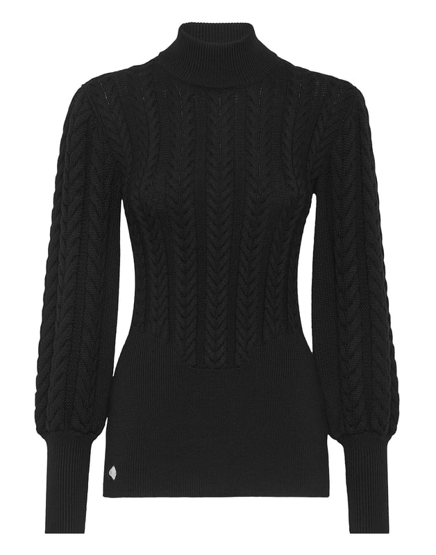 Véa los detalles de este jersey de punto de cuello alto con preciosos procesos.   Punto de pura lana virgen con algunos detalles de punto de cable.   Mangas abullonadas   Hexágono de PP metálico cosido en el dobladillo inferior   Dobladillos de punto elástico