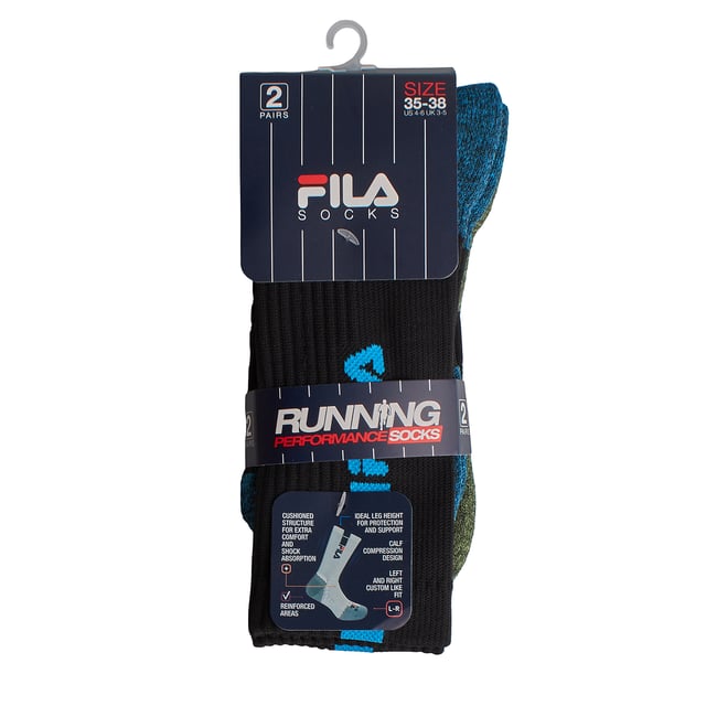 Calcetines Fila diseñados para acompañarte en cada entrenamiento o actividad diaria. Este pack de 2 pares combina diseño técnico, ajuste anatómico y materiales de alto rendimiento. Su estructura ergonómica con refuerzos estratégicos en talón, puntera y empeine mejora la sujeción del pie y reduce el desgaste por fricción.

Detalles:
- Pie anatómico reforzado.
- Ideal entrenamientos o running.
- Caña alta.
- Logo Fila bordado.
- Estructura izquierda y derecha para un mejor ajuste.
- Cuenta con soporte del arco.
- Pack de 2 pares.
- Variedad de colores.
- Fabricado en tejido con propiedades de secado rápido.
- Paneles reforzados alrededor de la puntera y el talón, los elementos más expuestos a la abrasión, aumentan la durabilidad de los calcetines y prolongan su vida útil.
- El acabado acanalado evita que los calcetines se resbalen.

Una opción ideal para quienes buscan calcetines de mujer resistentes, cómodos y con un look dinámico para el deporte o el uso diario.
 Composición: 97% Poliester, 3% Elastano
 Cuidados:
Lavar a máquina a un máximo de 30 °C.
No usar lejía ni blanqueadores.
No planchar.
No lavar en seco.
Secar al aire o en secadora a baja temperatura.