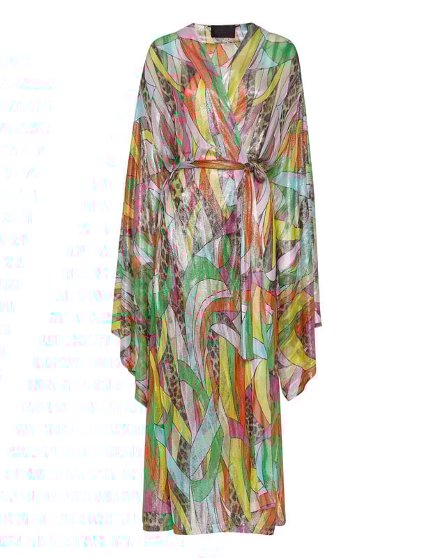 Déjese conquistar por este look Diva: lo hemos diseñado para dar color a su verano. Descubra cómo llevar la nueva versión de un caftán envolvente.   Punto de viscosa de lúrex con estampado de parches multicolor.   Parte delantera anudada   Mangas anchas tipo kimono   Pespunte a dos agujas