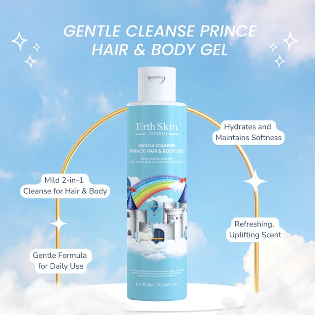 Gentle Cleanse Prince Hair & Body Gel provides a mild yet effective cleanse for both hair and skin. Enriched with Panthenol, Glycerin, and Vitamin E, it helps nourish, hydrate, and maintain softness. The refreshing scent and gentle formula make bath time a royal treat.