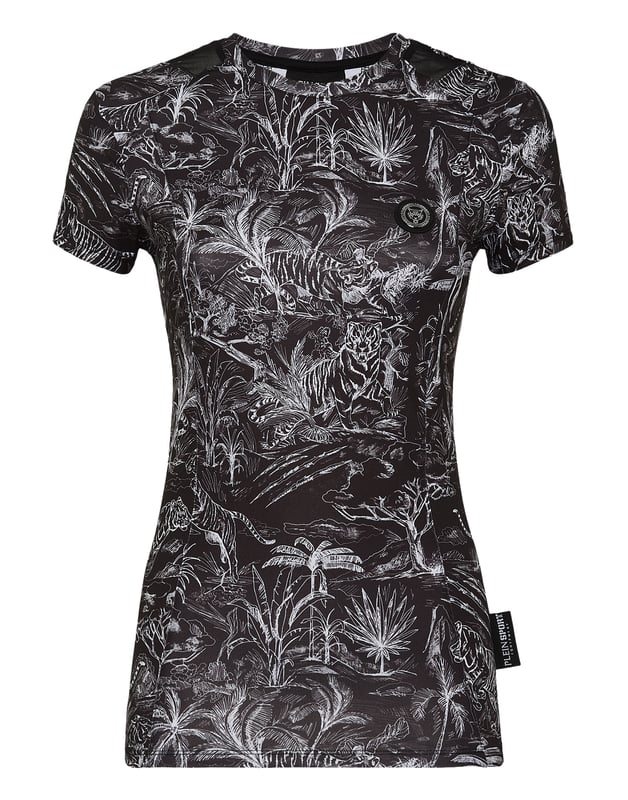 We designed this T-shirt that brings together performance and style. This model is perfect for outdoor sessions or gym training.   Breathable techno fabric   Floral print   Stretch tulle inserts   Brand printed on the back   Rubberized Tiger patch sewn left chest   Two-needle stitching hems