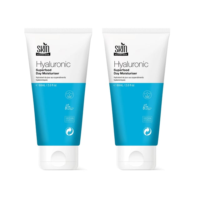 Skin Superfood Hyaluronic Superfood Day Moisturiser 60ml Twin Value Savings Pack Discover the transformative power of our Hyaluronic Superfood Day Moisturiser, expertly crafted for all skin types to deliver a daily hydration boost. Say goodbye to dry, ageing skin as this lightweight formula, infused with potent hyaluronic acid, deeply hydrates and plumps your complexion while targeting fine lines for a radiant glow. Enjoy revitalised skin with every application—just apply to clean, dry skin morning and night for optimal results. Vegan, cruelty-free, and dermatologist-approved, our moisturiser is free from parabens, sulfates, and artificial fragrances, making it the perfect choice for sensitive skin. Experience the difference and unlock your skin's natural beauty today!