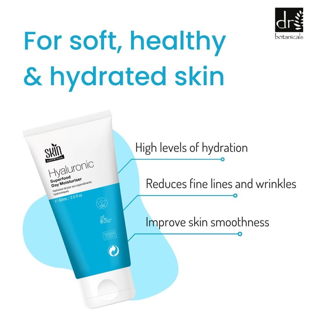 Skin Superfood Hyaluronic Superfood Day Moisturiser 60ml Twin Value Savings Pack Discover the transformative power of our Hyaluronic Superfood Day Moisturiser, expertly crafted for all skin types to deliver a daily hydration boost. Say goodbye to dry, ageing skin as this lightweight formula, infused with potent hyaluronic acid, deeply hydrates and plumps your complexion while targeting fine lines for a radiant glow. Enjoy revitalised skin with every application—just apply to clean, dry skin morning and night for optimal results. Vegan, cruelty-free, and dermatologist-approved, our moisturiser is free from parabens, sulfates, and artificial fragrances, making it the perfect choice for sensitive skin. Experience the difference and unlock your skin's natural beauty today!
