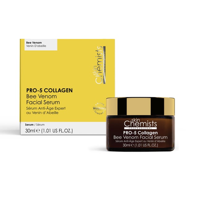 skinChemists Pro-5 Collagen Bee Venom Facial Serum 30ml Revitalise your skin with our Collagen Bee Venom Facial Serum, designed for all skin types seeking hydration and anti-ageing benefits. This lightweight, fast-absorbing serum is enriched with bee venom, collagen amino acids, and Vitamin C to deeply hydrate, enhance elasticity, and brighten your complexion. Experience a smoother texture and a youthful glow as it combats dullness and reduces fine lines. Perfect for daily use, simply apply 2-3 drops onto clean skin morning and night, followed by your favorite moisturiser. Vegan, cruelty-free, and free from parabens and sulfates, this dermatologist-approved serum is your essential solution for firmer, hydrated, and youthful skin. Shop now and feel the difference!