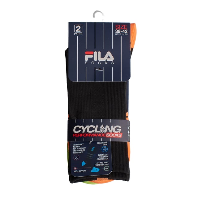 Diseñados para ofrecer el máximo rendimiento en la bicicleta, estos calcetines Fila de caña alta unisex combinan soporte, transpirabilidad y un estilo deportivo. Ideales para ciclismo en carretera, mountain biking o entrenamiento en interiores, se adaptan perfectamente a tu pie para apoyarte en cada pedalada.

Detalles:
- Modelo largo diseñado para ciclismo.
- Estructura para pie izquierdo y derecho.
- Pierna elástica para una mayor compresión.
- Fabricados con material ligero con propiedades de secado rápido.
- Paquete de 2 pares.
- Logo de Fila bordado.
- Paneles reforzados alrededor del dedo del pie y el talón.
- Tela elástica y ligera.

Un paquete funcional y versátil de calcetines para ciclistas que buscan comodidad, rendimiento y estilo en cada paseo. Apto tanto para hombres como para mujeres gracias a su diseño unisex y ajuste técnico. 
Composición: 98% Poliéster, 2% Elastano 
Cuidado:
Lavar a máquina a un máximo de 30°C. 
No usar blanqueador ni blanqueadores. 
No planchar. 
No limpiar en seco. 
Secar al aire o en secadora a baja temperatura.