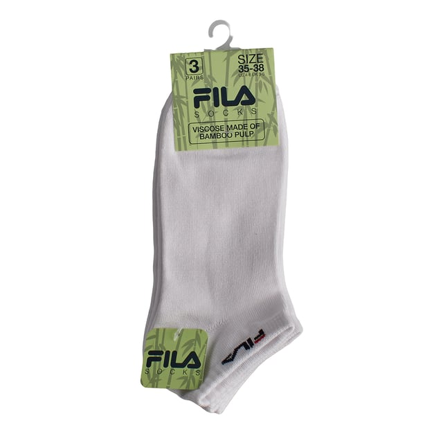 Pack de 3 Calcetines Invisibles de Bambú F5500 para Hombres y Mujeres Los calcetines Fila Invisible Bamboo están hechos con hilos de alta calidad para ofrecer gran comodidad y durabilidad. Flexibles y con elastano en el tobillo, se adaptarán fácilmente a tus pies para brindar comodidad en cualquier momento.\n\n Detalles:\n - Tela de bambú.\n - Diseño deportivo.\n - Logo de Fila bordado.\n - Corte invisible.\n - Tobillos acanalados.\n - Varios colores.\n - Ideal para uso deportivo o casual.\n\n Este pack de calcetines invisibles Fila es la elección perfecta para aquellos que valoran la comodidad sin sacrificar el estilo. Hechos con fibra de bambú, ofrecen una sensación ultra suave, transpirabilidad natural y control de olores, ideales para el uso diario.\n Composición: 76% Viscosa, 22% Poliéster, 2% Elastano\n Cuidado:\nLavar a máquina a un máximo de 30°C.\n No usar blanqueadores ni blanqueadores ópticos.\n No planchar.\n No limpiar en seco.\n Secar al aire o a baja temperatura en secadora.